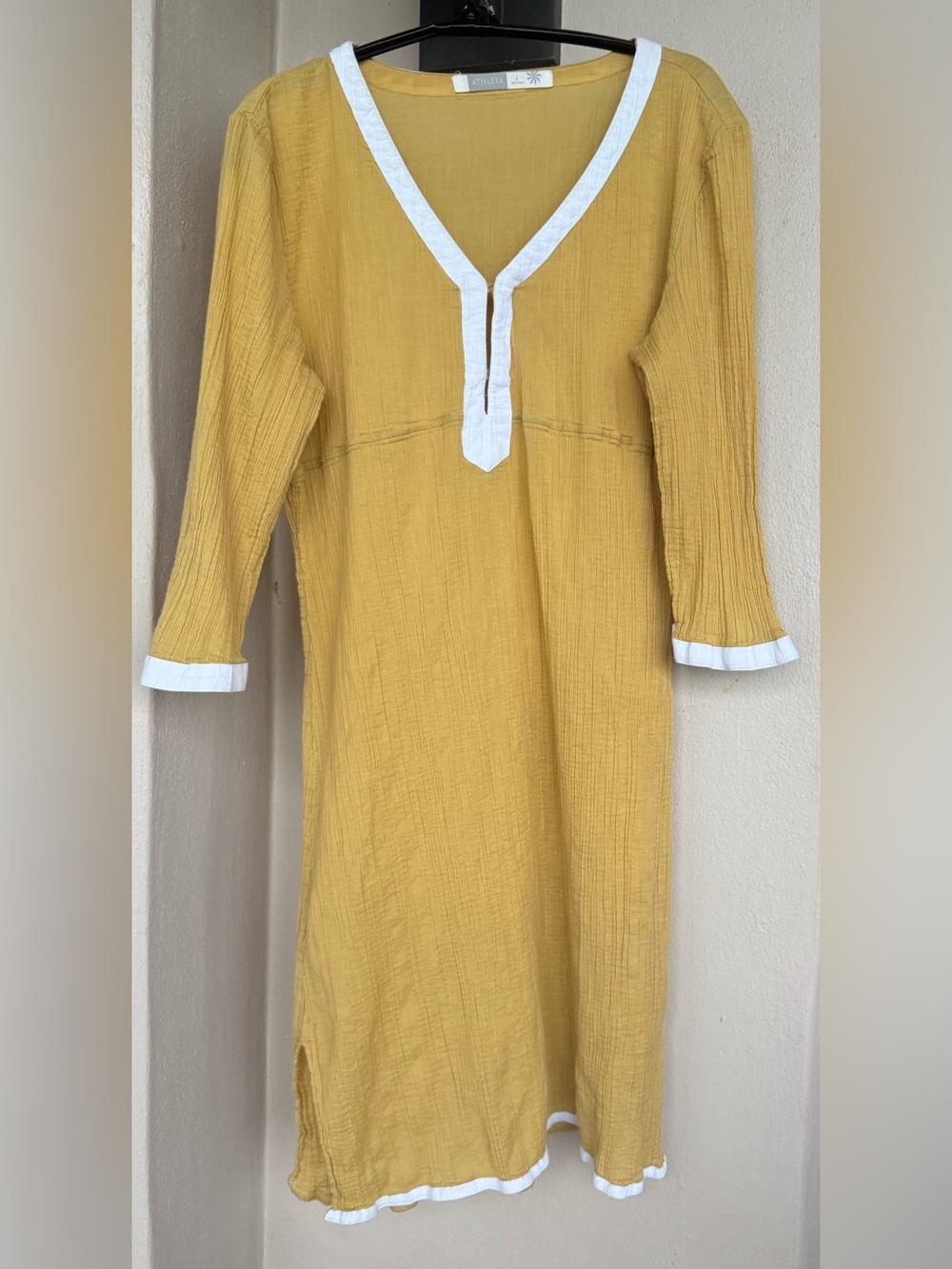 Athleta Womens Cotton Crinkle CoverUp Goldenrod Yellow V-Neck 3/4 Sleeve Small
